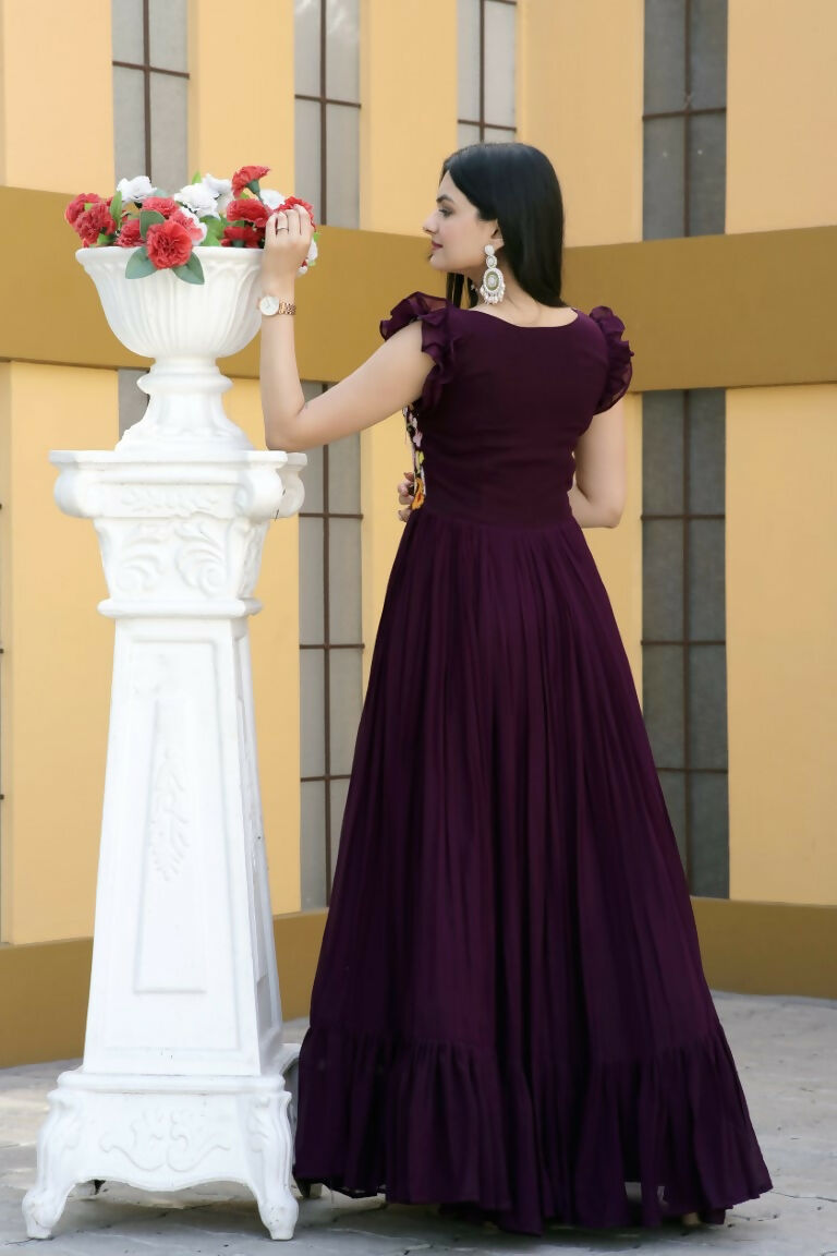 Jyoti Fashion Women's Wine Sequins Thread Embroidery Faux Blooming Anarkali Dress | Swadesiicart