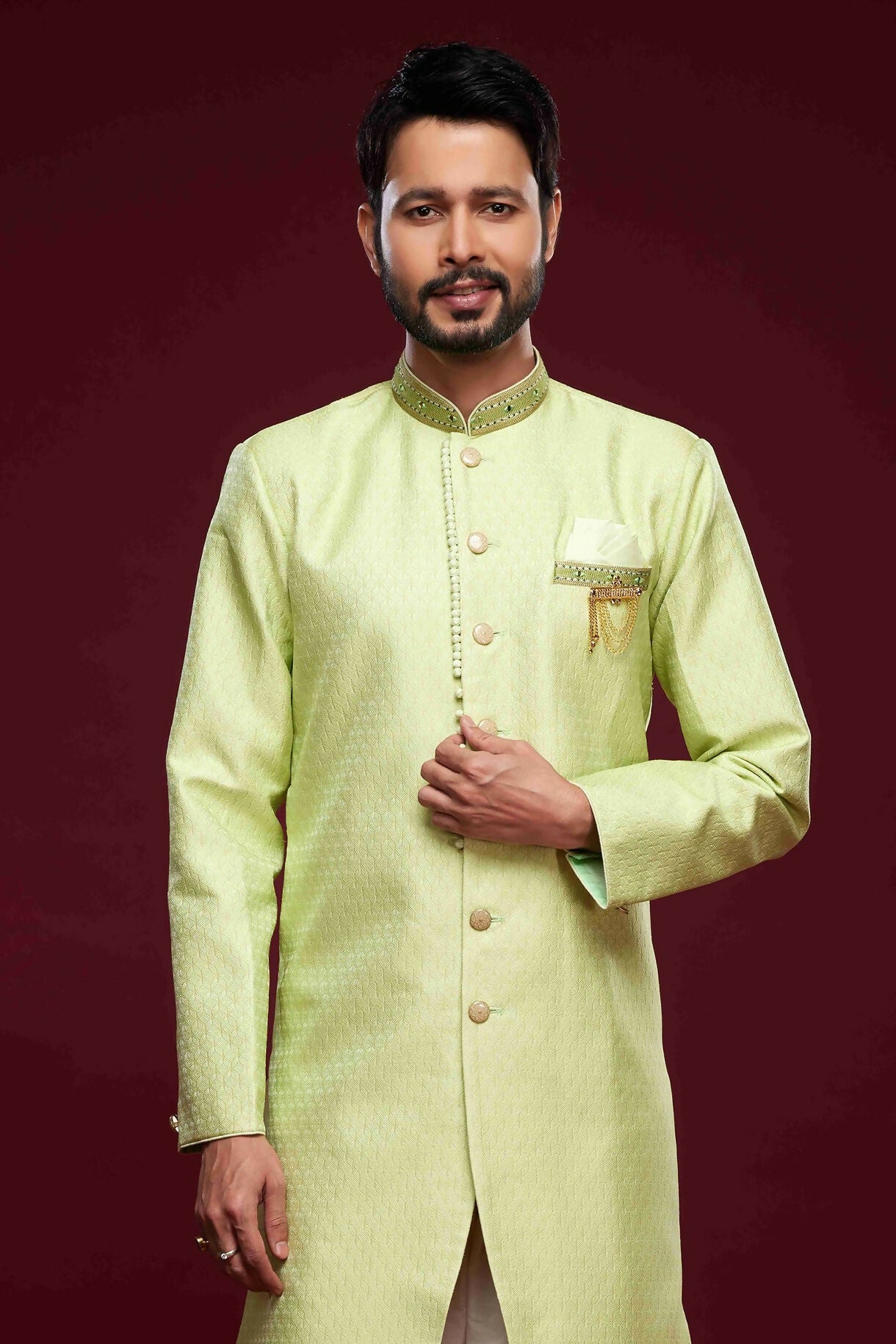 Raivat Ethnic Banarasi Jacquard Embroidery Semi Indo Western Sherwani In Pista Green Colour | Swadesiicart