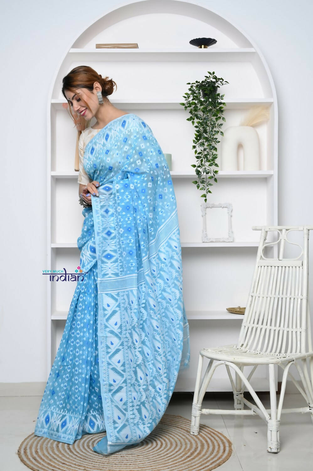 Very Much Indian Jamdhani Cotton Saree - Powder Blue | Swadesiicart