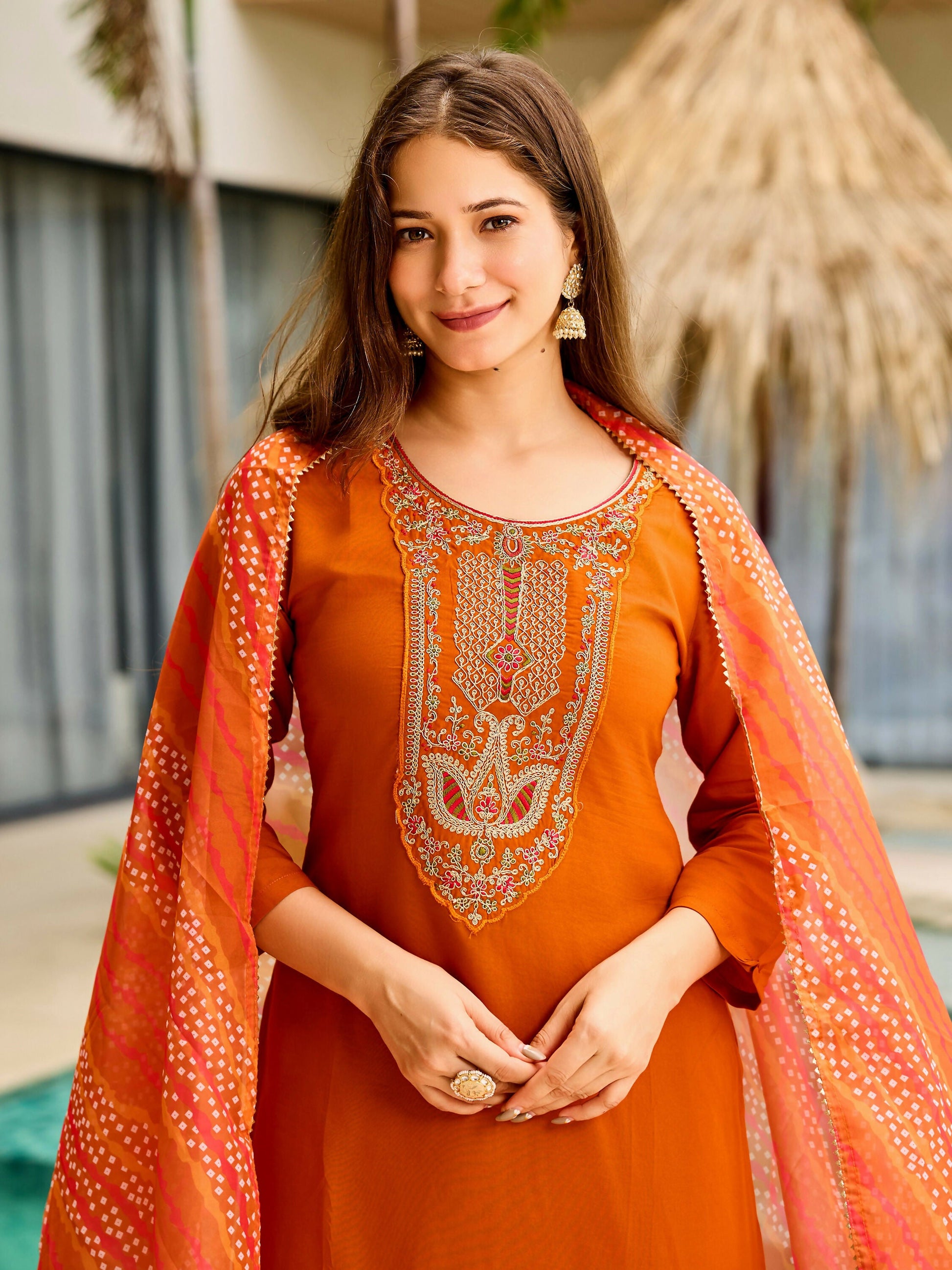 The52 Rust Women's Gorgeous Embroidered work Rayon Fabric Straight Kurta, Pant and Dupatta Set - Swadesiicart
