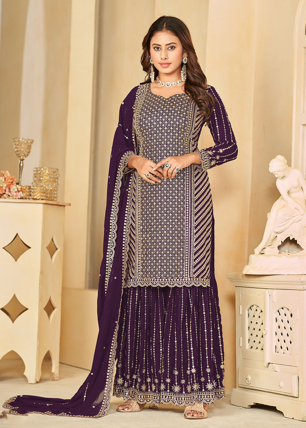 Mesmeric Purple Faux Georgette Palazzo Suit with Embroidery - Emponline | Swadesiicart