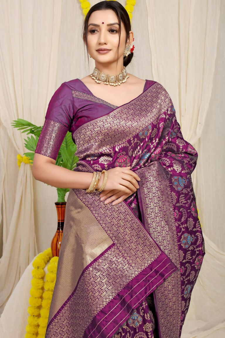 Jyoti Fashion Women's Wine Kanjivaram Silk Zari Woven Saree with Blouse | Swadesiicart