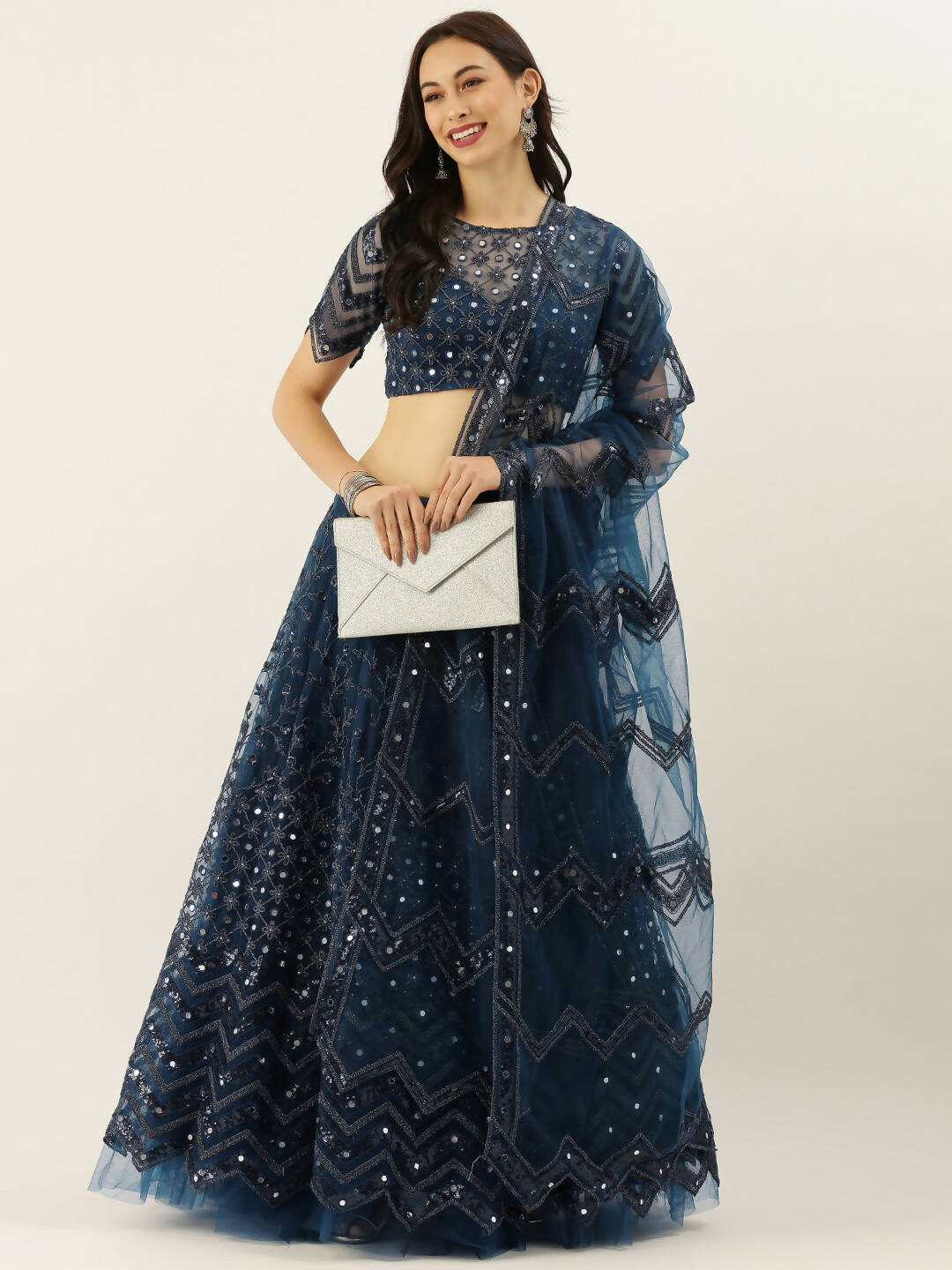 House of Panchhi Navy Blue Net Semi Stitched Coding, Sequins and Mirror work Lehenga Choli | Swadesiicart