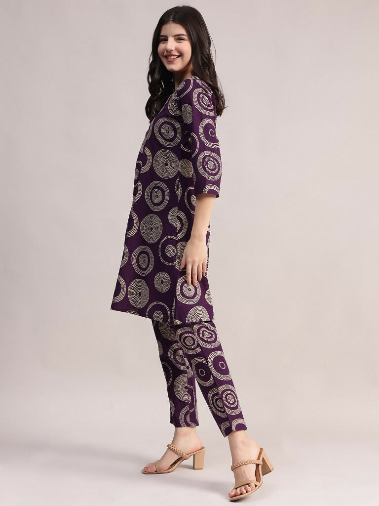 Aavyora Women's Purple Abstract Printed Pure Cotton Co-ord Set - Swadesiicart