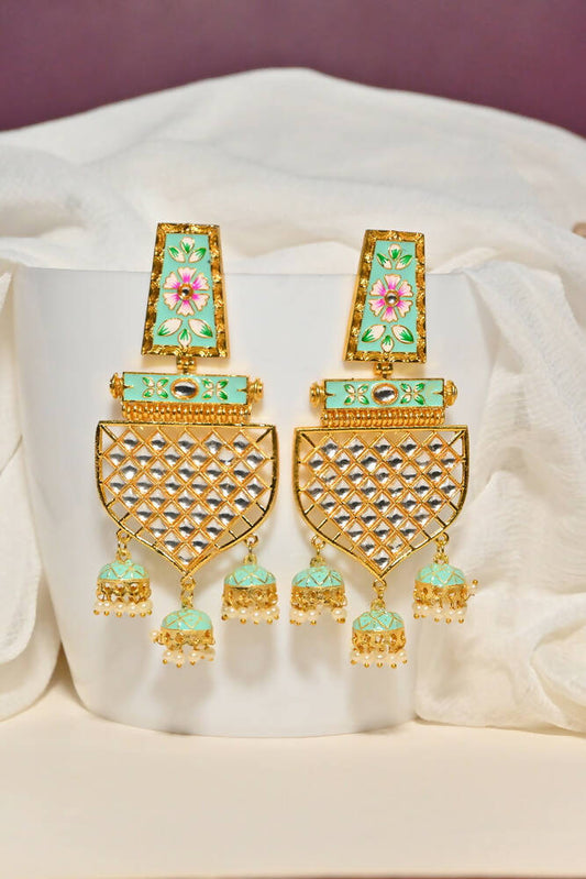 Traditional Gold-Polished Meenakari Green Jhumka Jhumki Earrings By House of Ree - House of Ree
