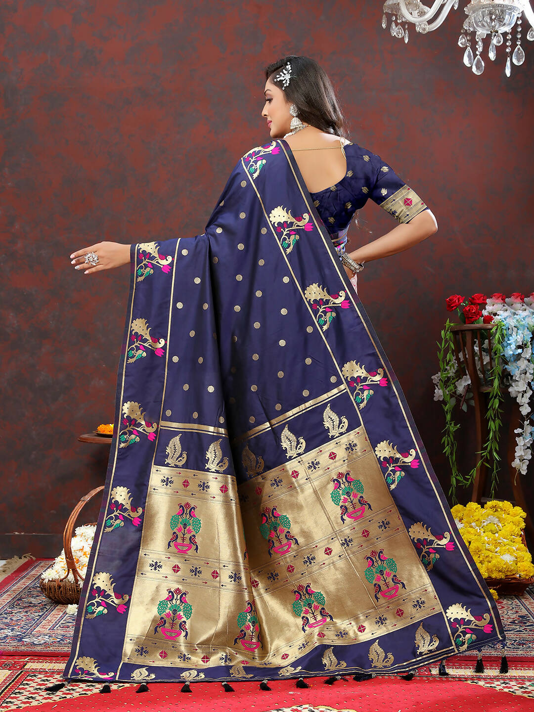 Lorenvalley Fashion Navyblue Soft Paithani Silk Woven Design Gold Zari Meenakari Weaving Saree - Swadesiicart