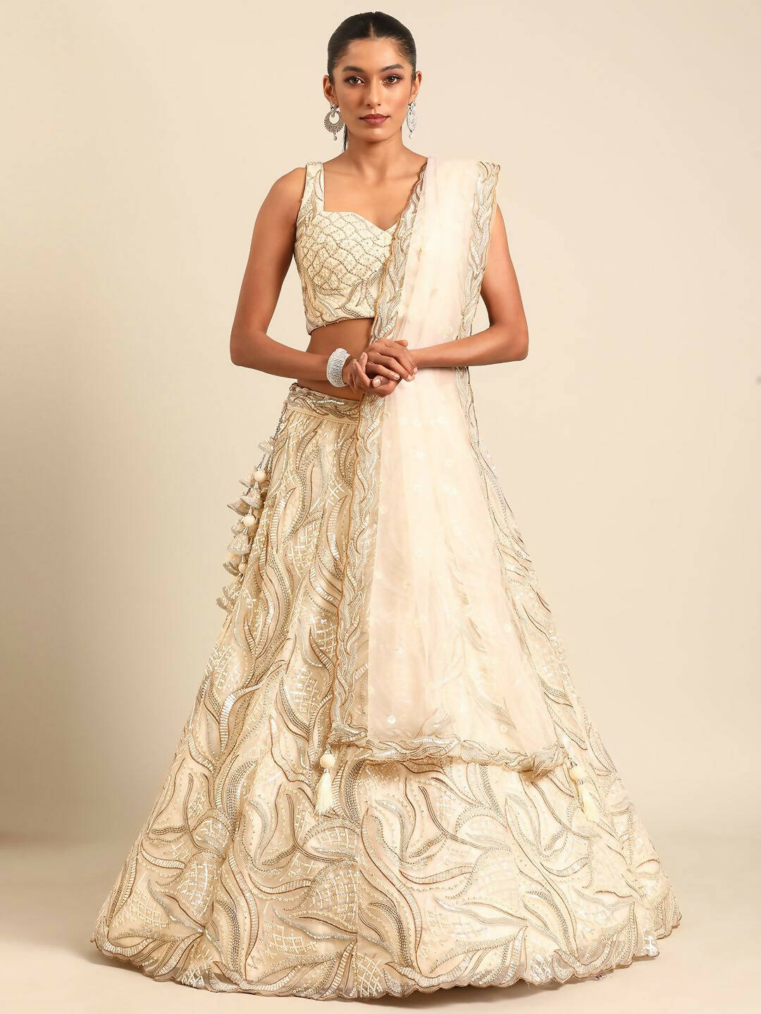 House of Panchhi Cream Net Sequins and Zarkan embroidery Lehenga choli & Dupatta | Swadesiicart
