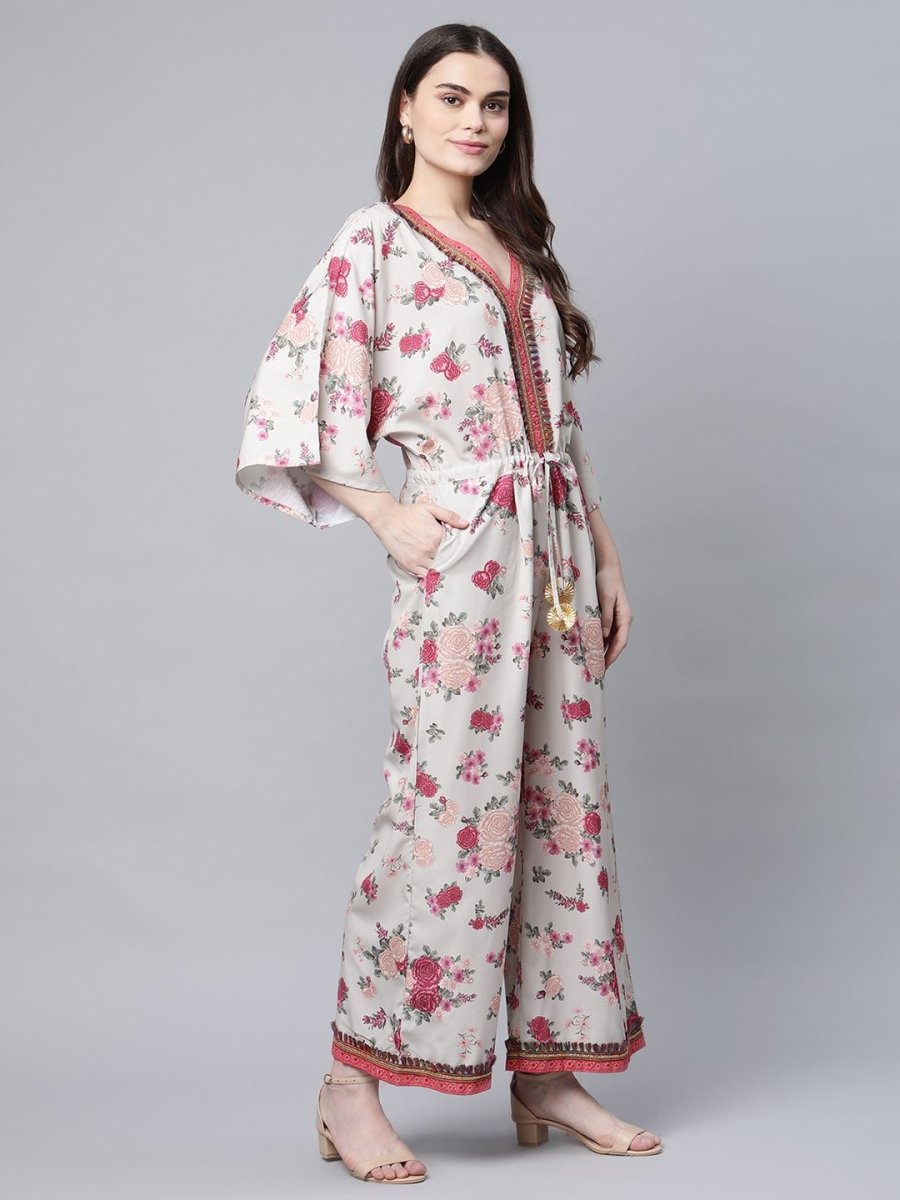 Ahalyaa Womens Beige Crepe Digital Floral Print Jumpsuit - Swadesiicart