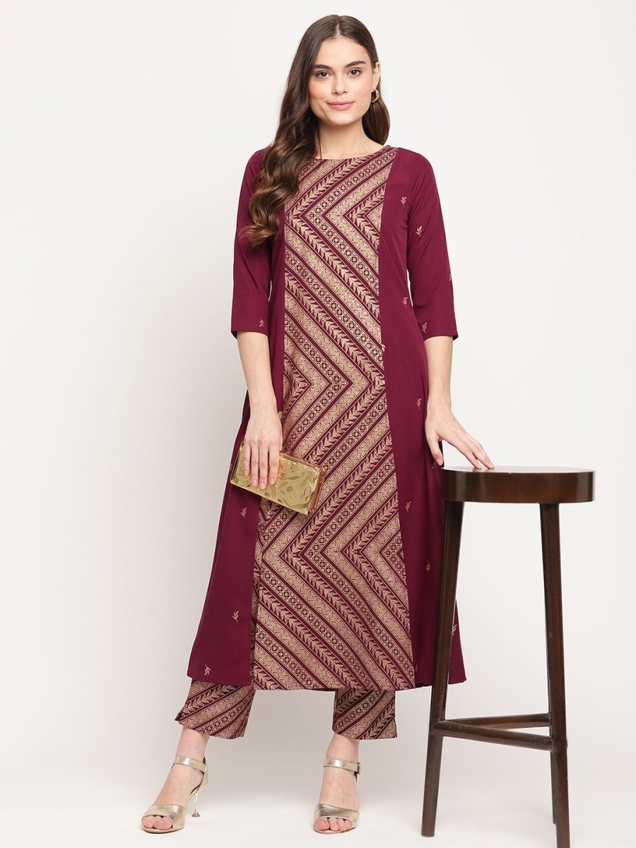 Ahalyaa Women's Wine Crepe Gold Glitter Print Kurta Trouser Set | Swadesiicart