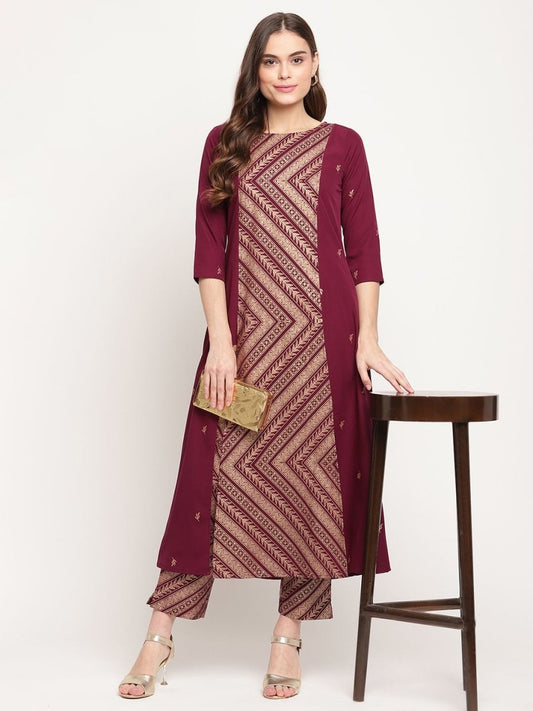 Ahalyaa Women's Wine Crepe Gold Glitter Print Kurta Trouser Set | Swadesiicart