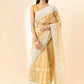 Beige Organza Geometric Embroidered Saree with Unstitched Blouse Piece - Roozal