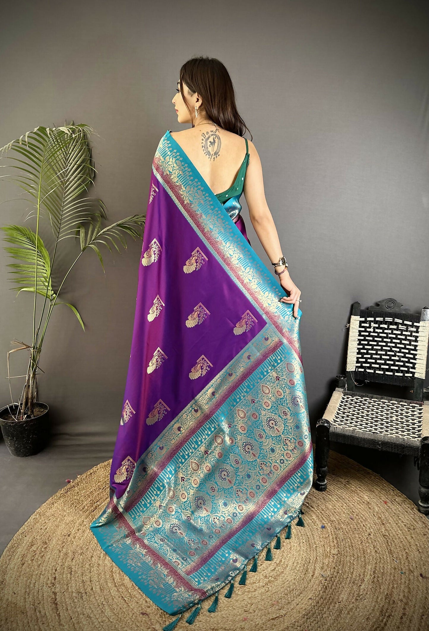 Joban Fashion Purple Banarasi Soft Silk Peacock Butta Work Saree | Swadesiicart