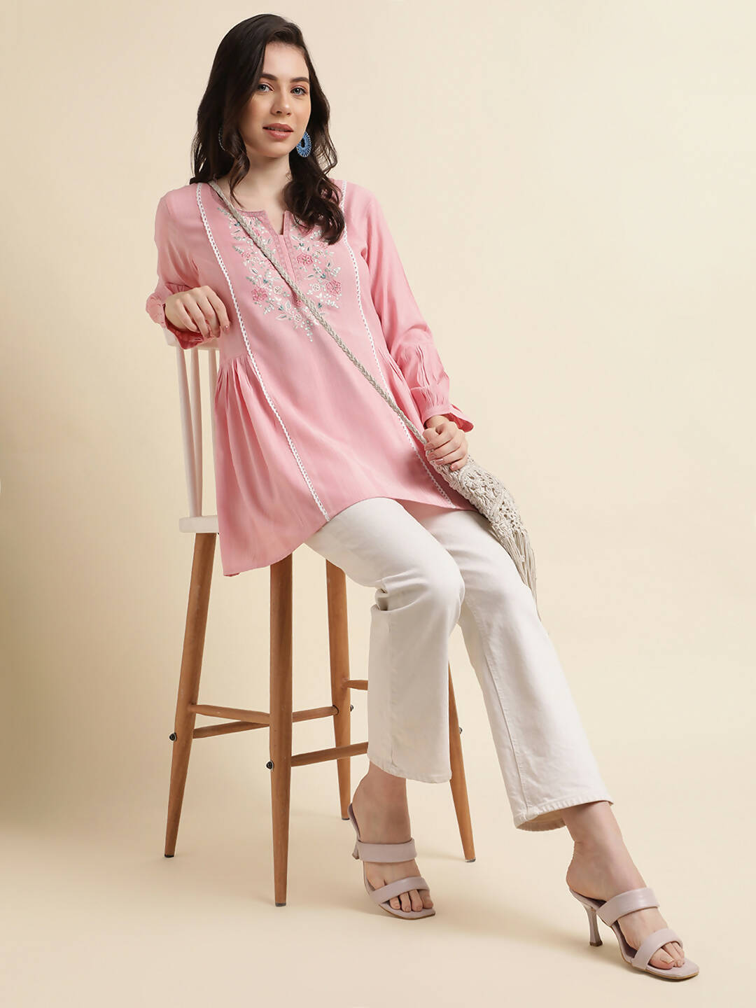 Pink Viscose Rayon Yoke Embroidered A-line Top - Tarini - Swadesiicart