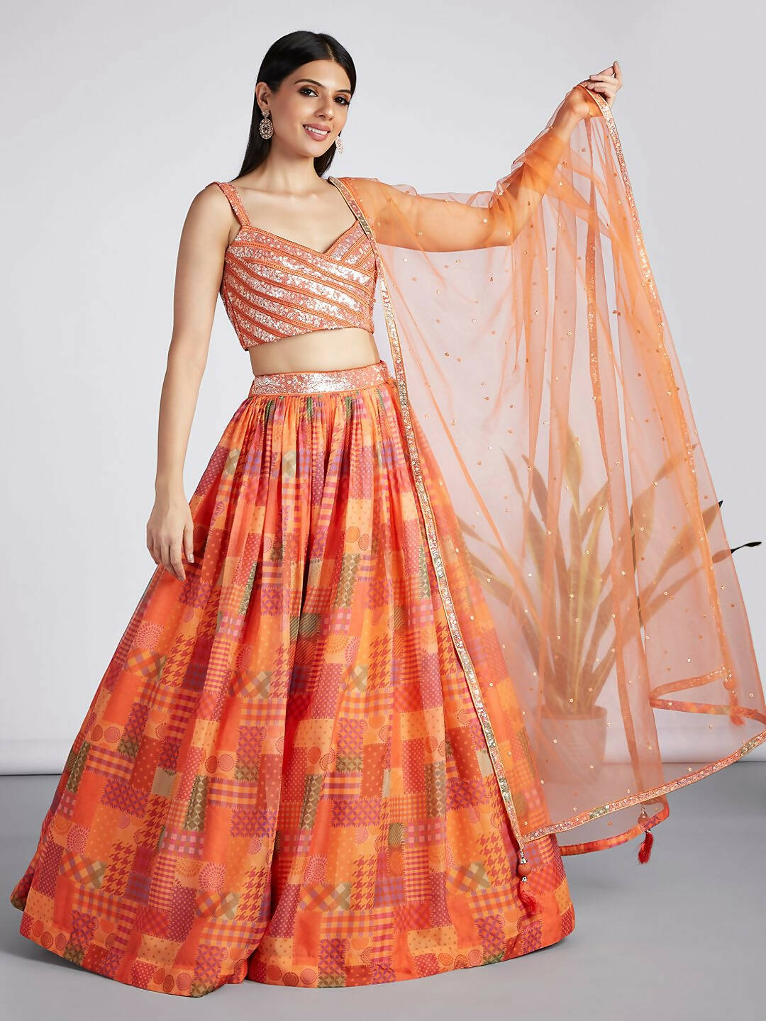 House of Panchhi Orange colour Organza Treditional design digital print Semi-Stitched Lehenga choli & Dupatta | Swadesiicart