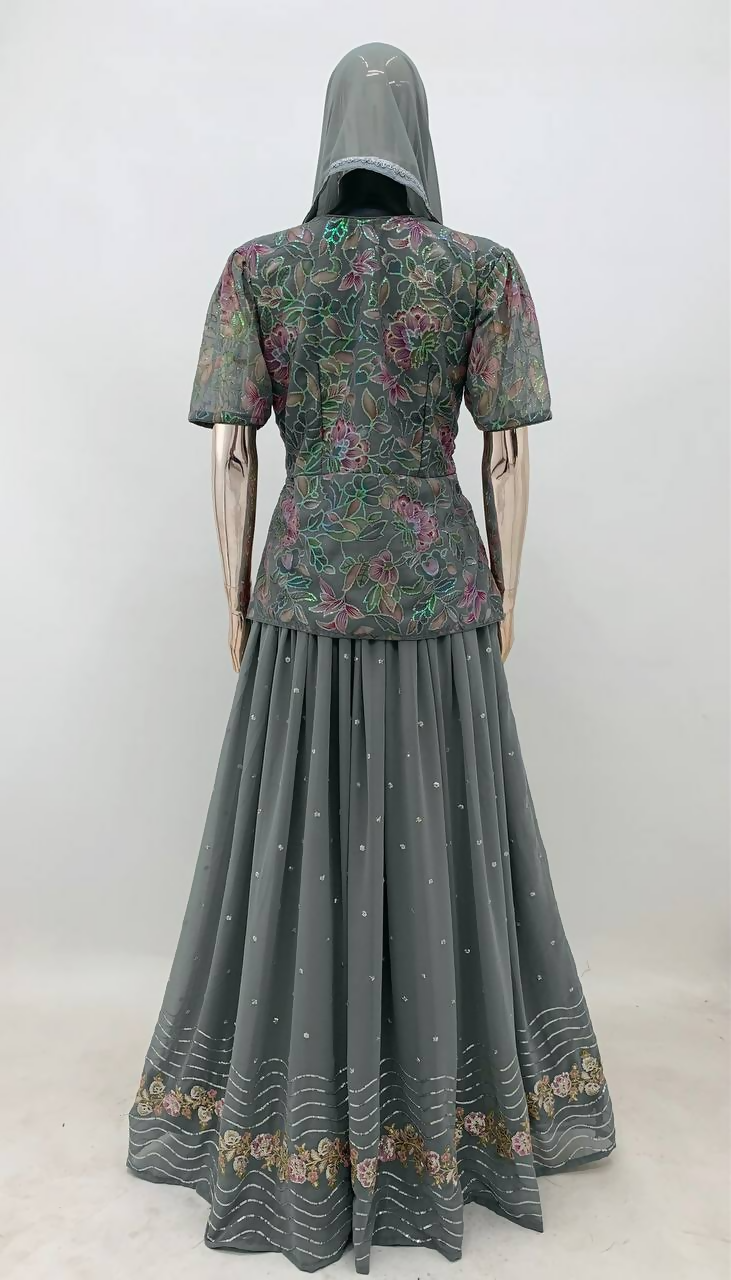Lorenvalley Fashion Grey Faux Georgette Embroidery with Sequince Work Salwar Lehenga Stitched | Swadesiicart