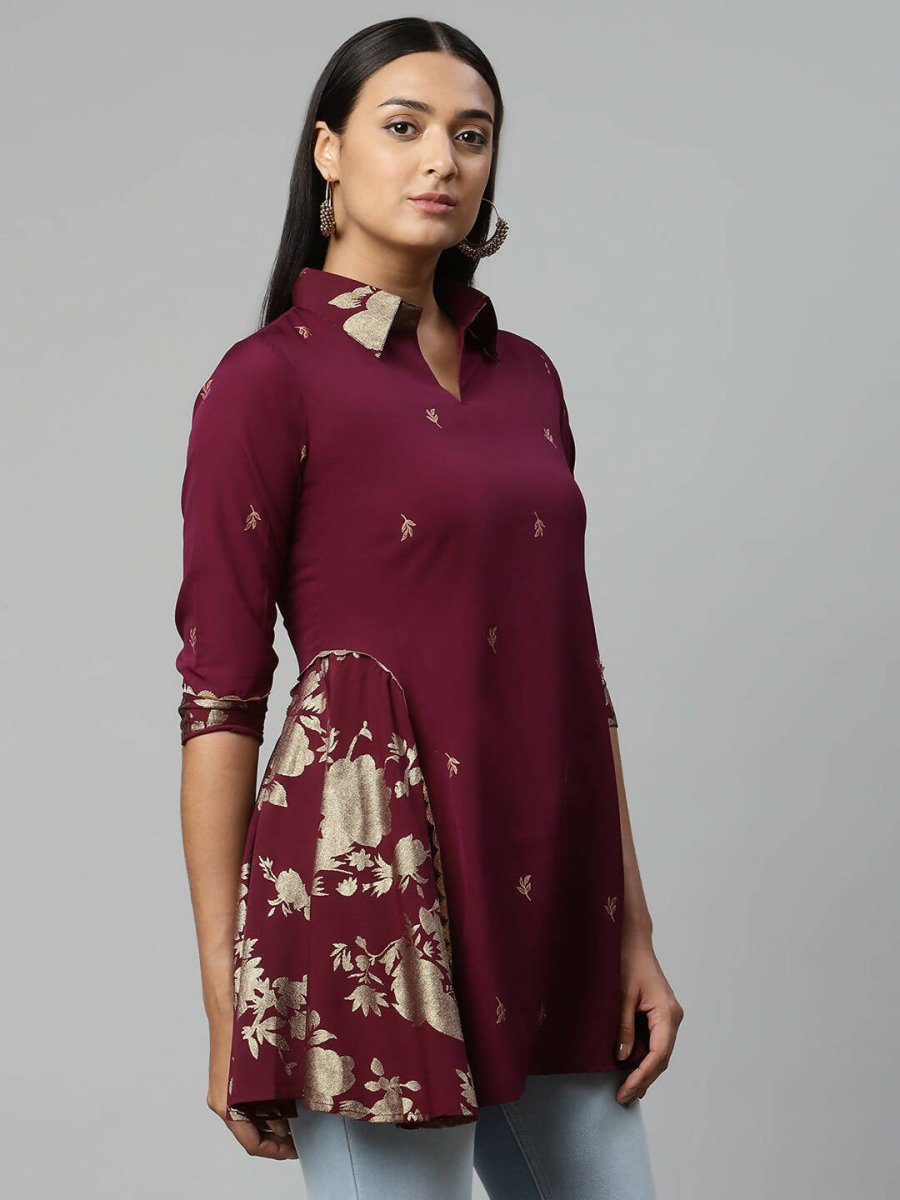 Ahalyaa Women Wine Crepe Printed Tunic | Swadesiicart