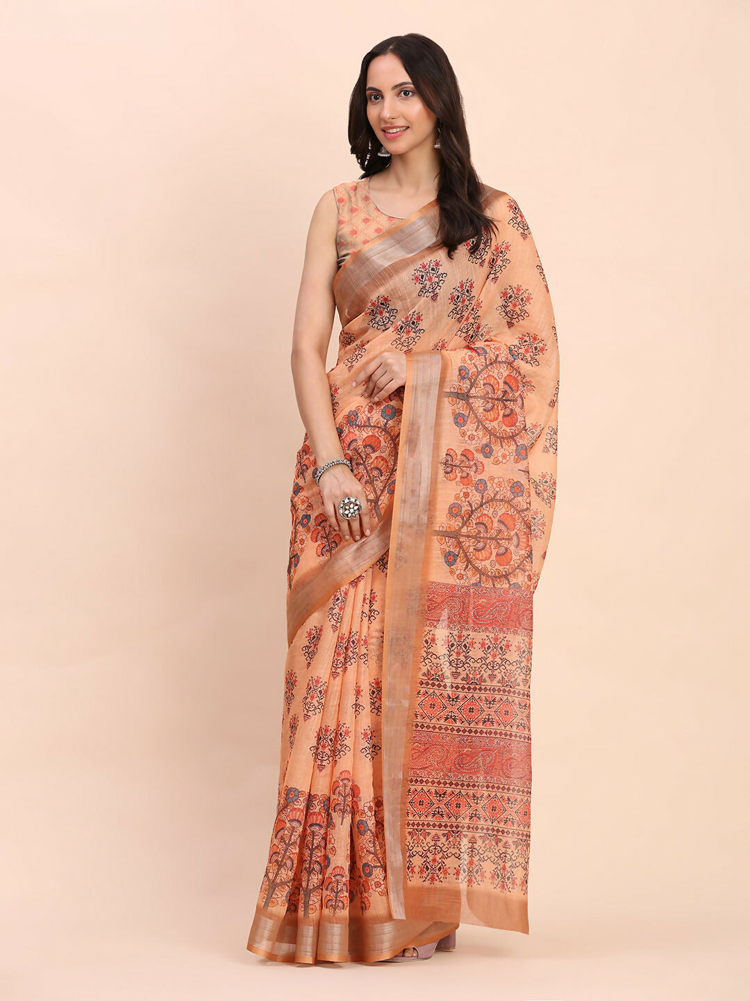 Shree Shyam Fashion Linen Cotton Orange Saree