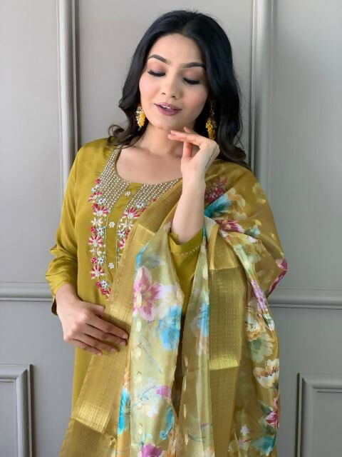 The52 Mustard Gorgeous Embroidered Viscose Chanderi Fabric Straight Kurta Pant with Dupatta Set - Swadesiicart