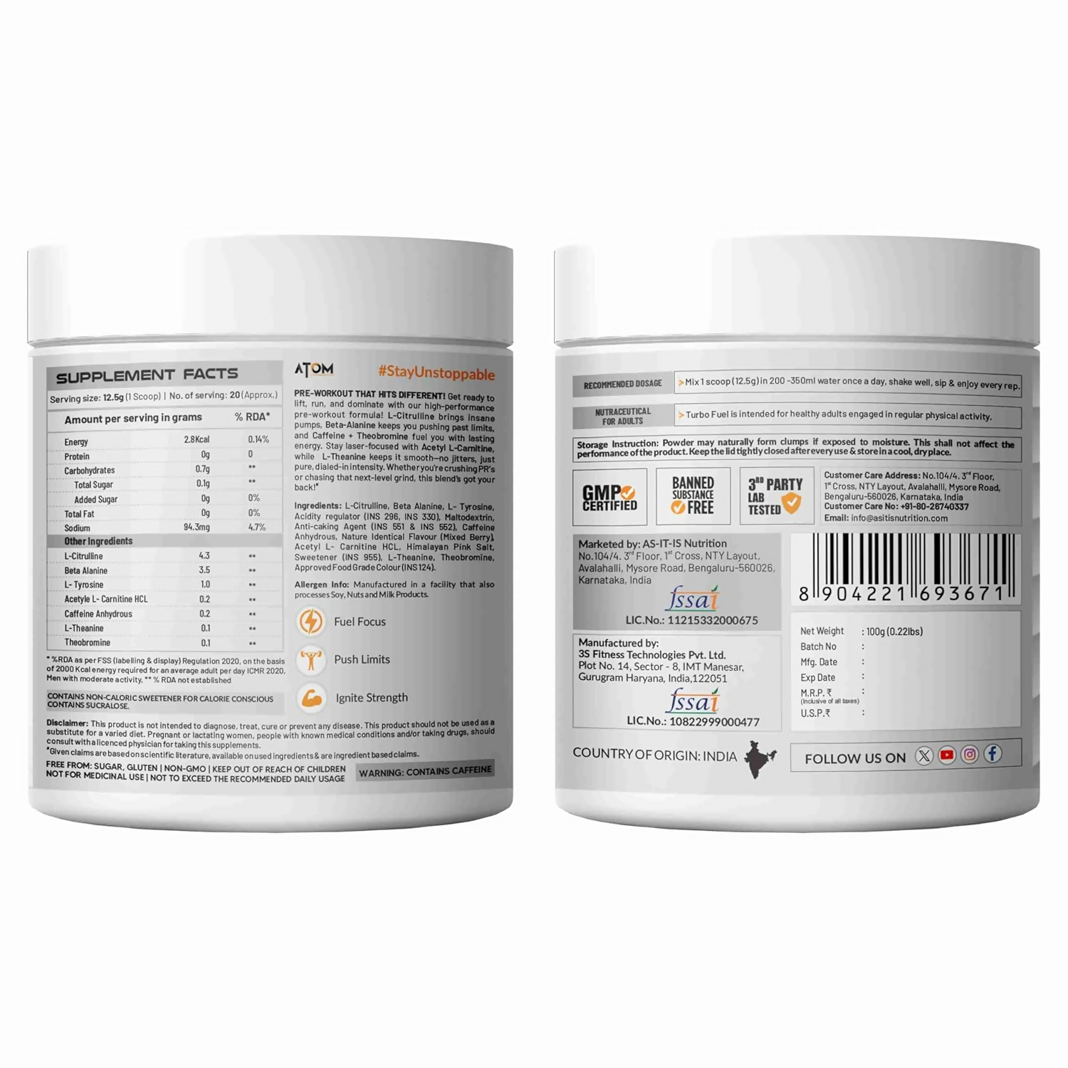 As-It-Is Atom Turbo Fuel Pre-Workout Formula Berry Blast Flavour | Swadesiicart