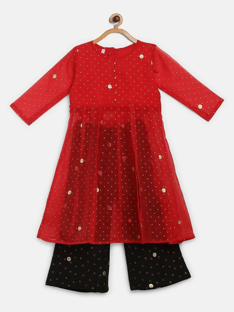 Ahalyaa Red Organza Kids Kurta Palazzo Set For Girls | Swadesiicart