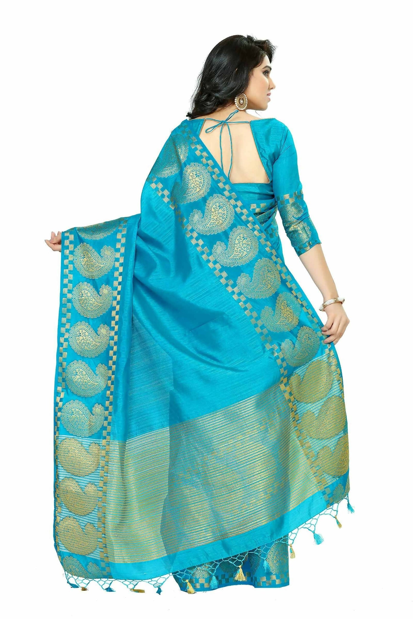Mimosa Women's Banarasi Tussar Silk Turquoise Blue Saree | Swadesiicart