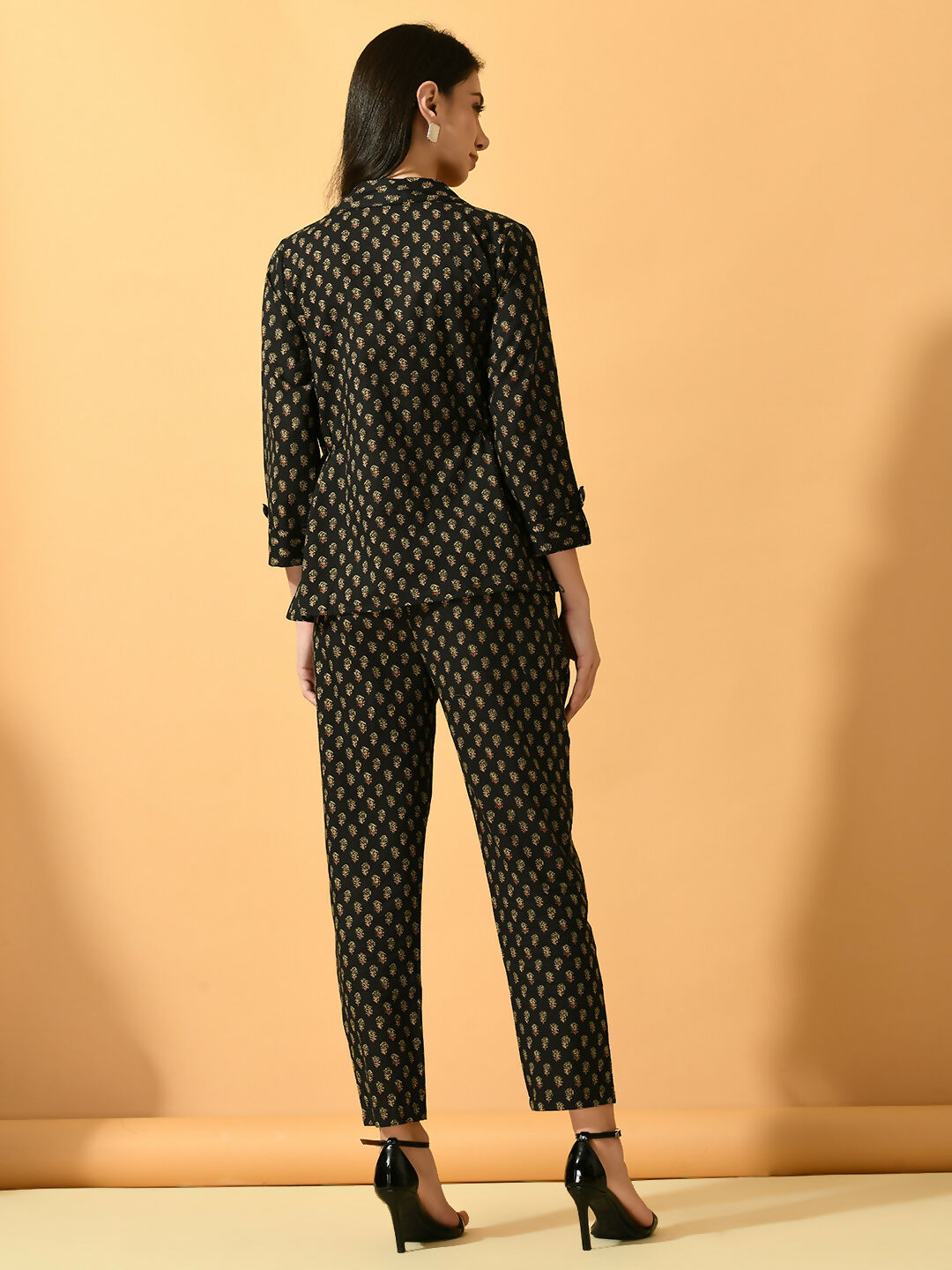 Myshka Women's Black Printed Coat With Trousers - Swadesiicart