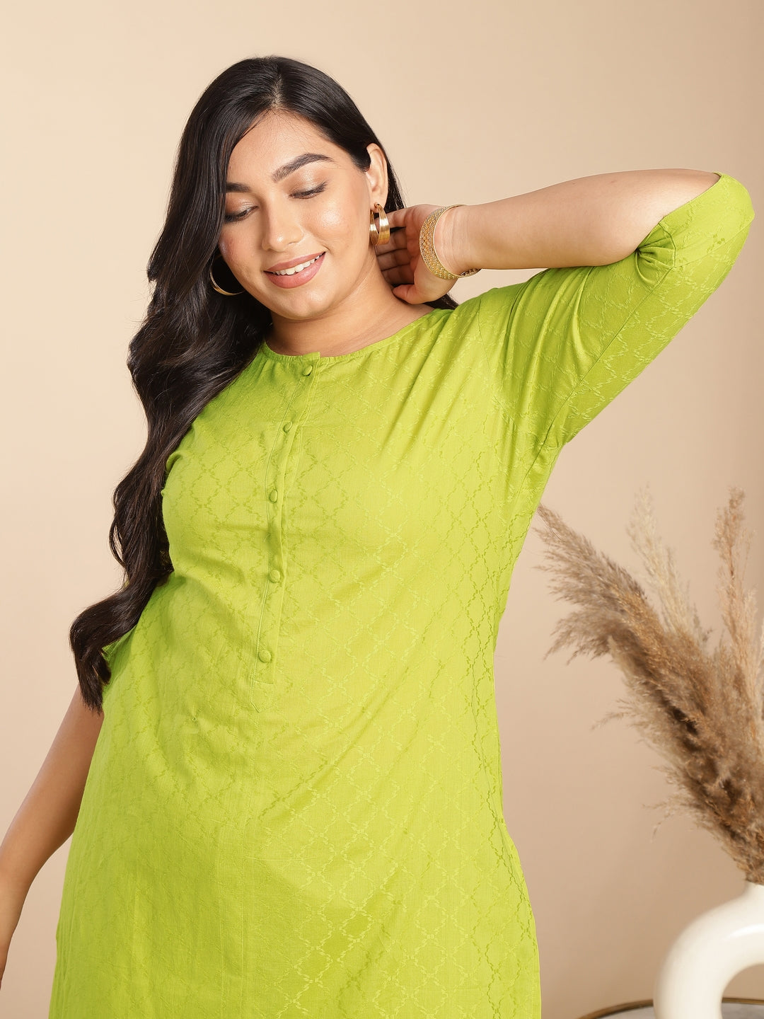Janasya Regular Jacquard Lime Green Self Design Round Neck Co-Ords - Swadesiicart