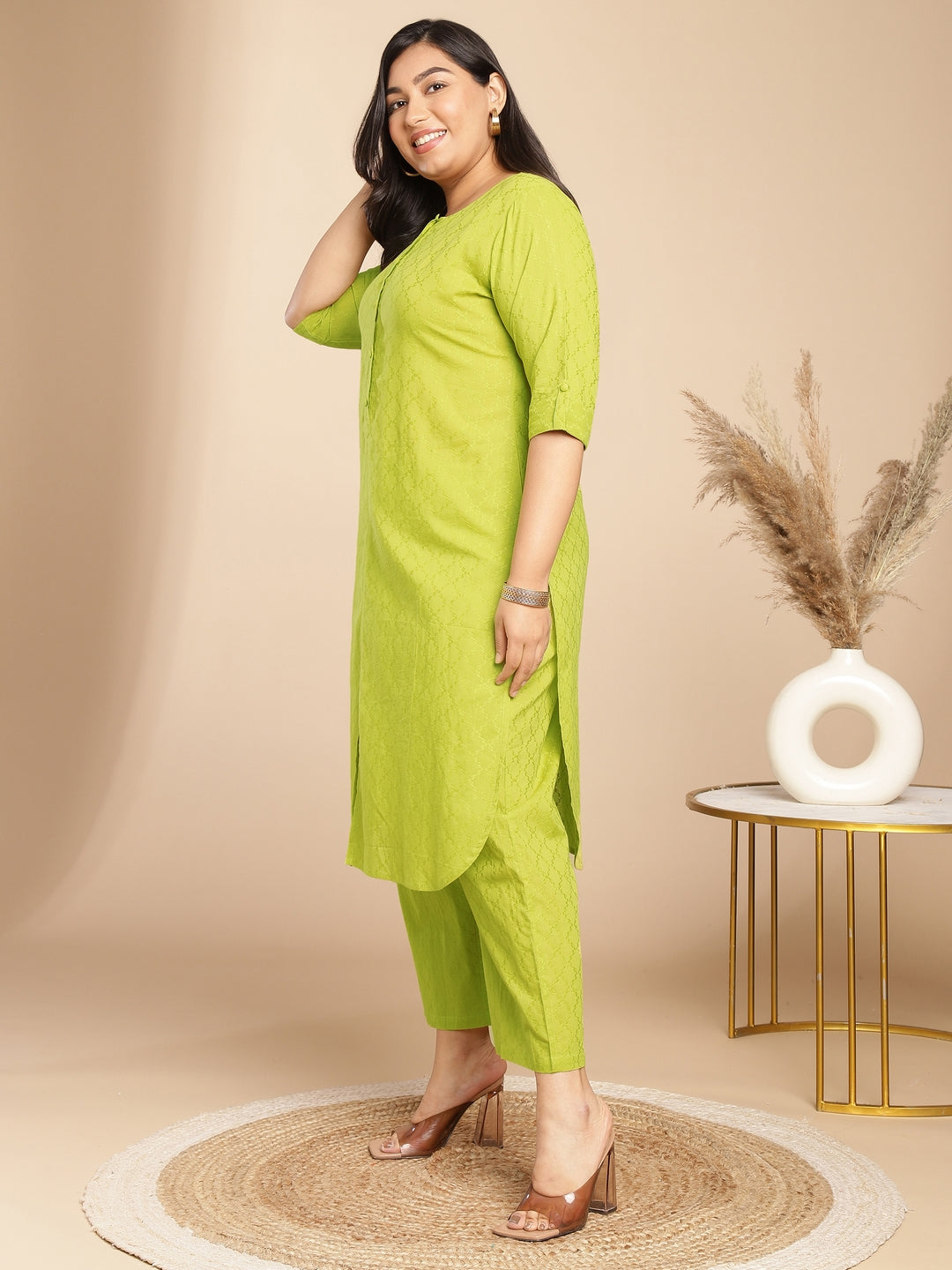 Janasya Regular Jacquard Lime Green Self Design Round Neck Co-Ords - Swadesiicart