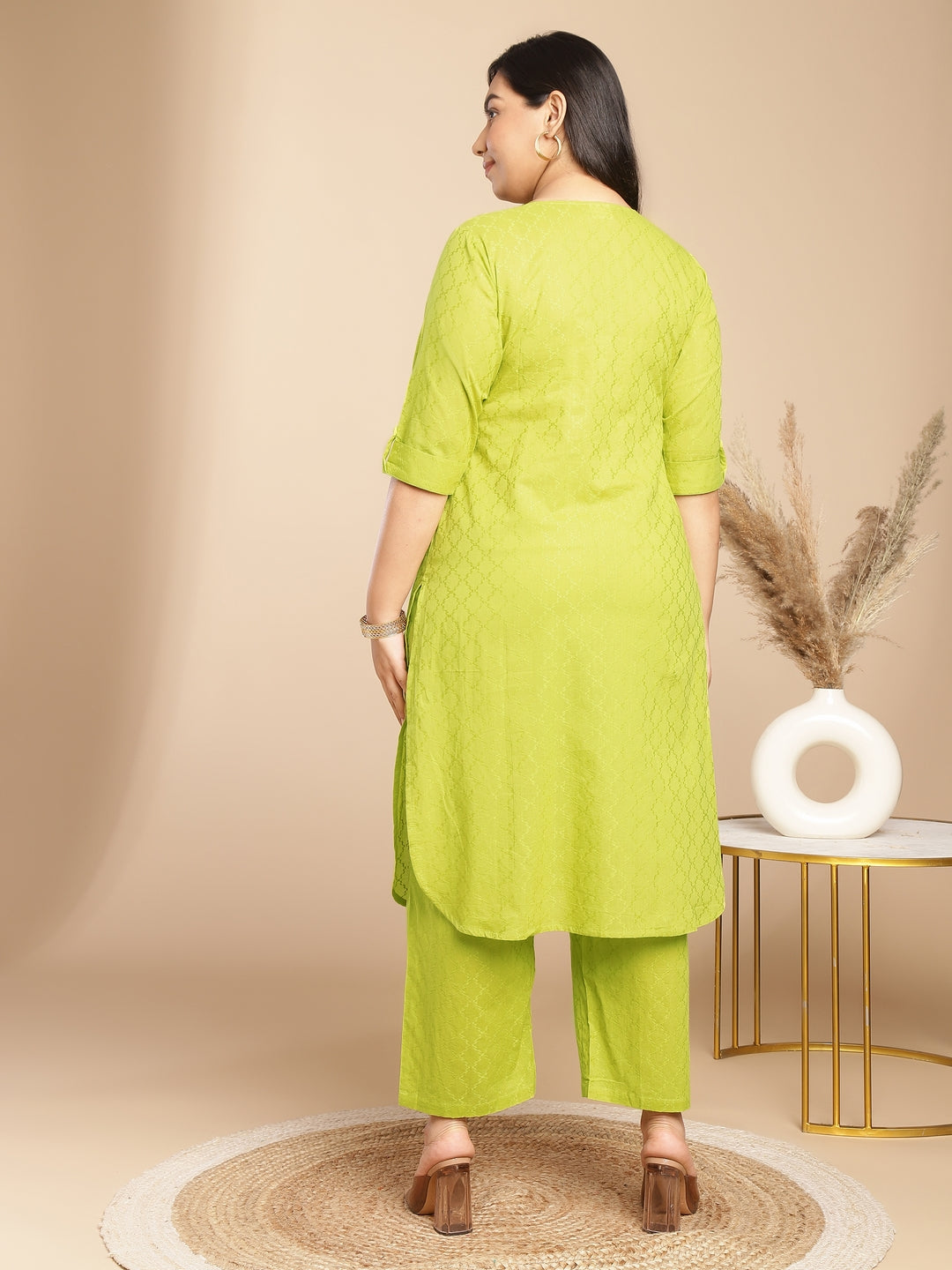 Janasya Regular Jacquard Lime Green Self Design Round Neck Co-Ords - Swadesiicart