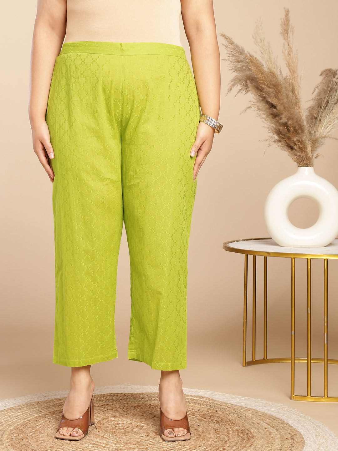 Janasya Regular Jacquard Lime Green Self Design Round Neck Co-Ords - Swadesiicart
