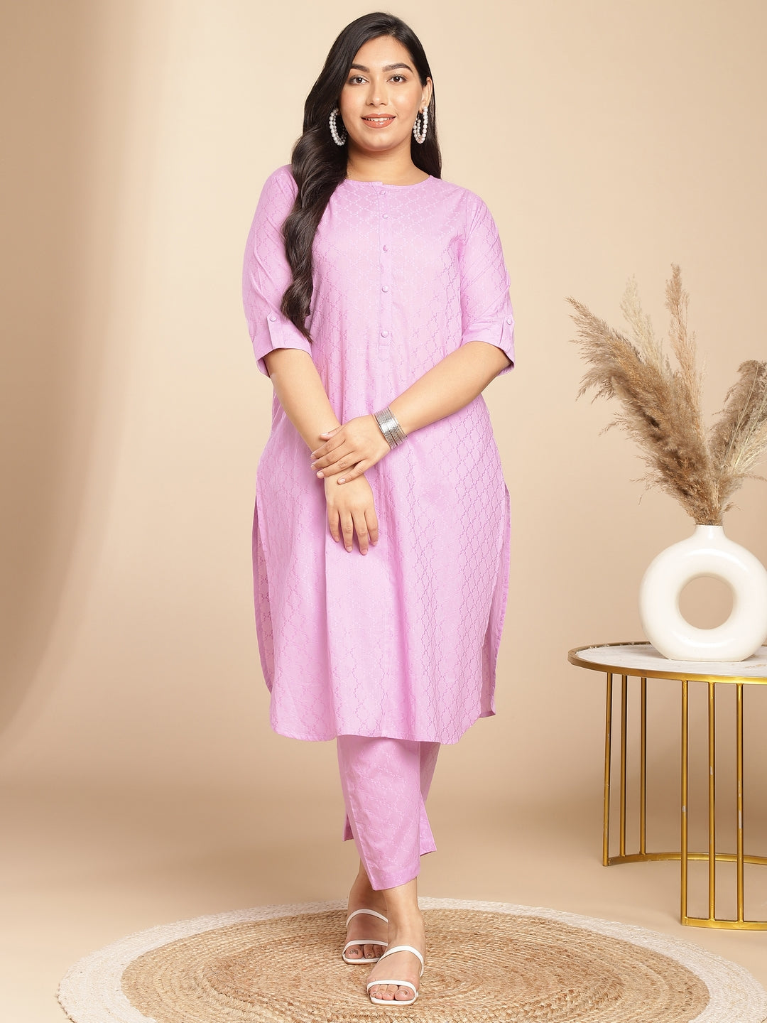 Janasya Straight Jacquard Lavender Self Design Round Neck Co-Ords - Swadesiicart