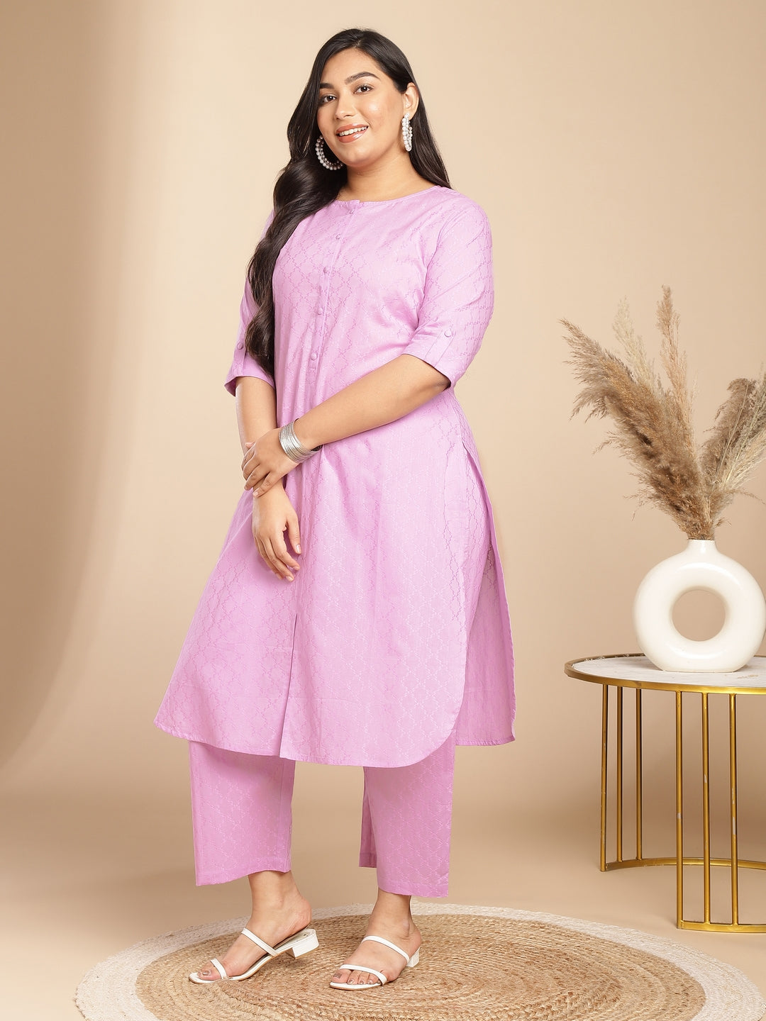 Janasya Straight Jacquard Lavender Self Design Round Neck Co-Ords - Swadesiicart