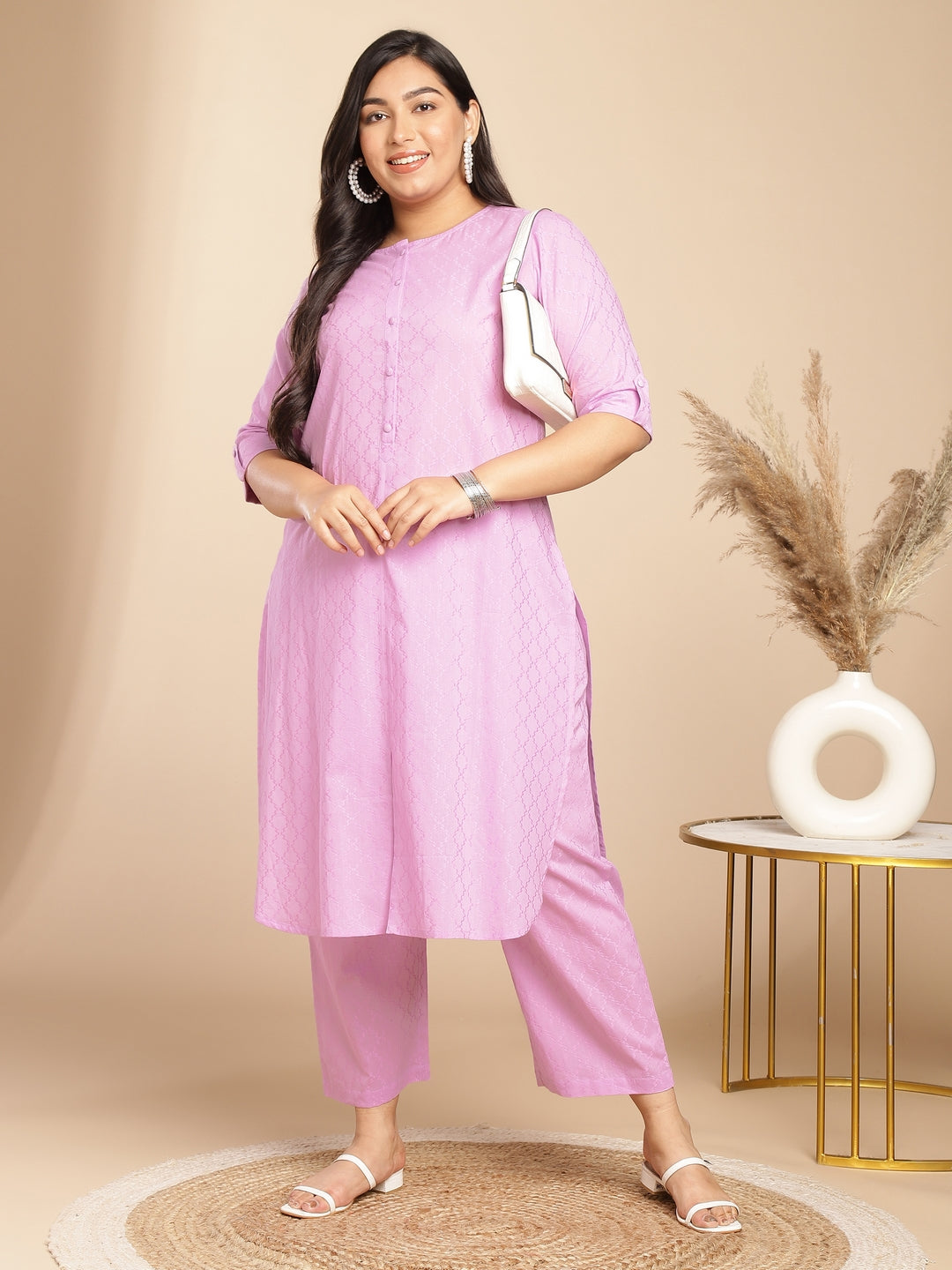 Janasya Straight Jacquard Lavender Self Design Round Neck Co-Ords - Swadesiicart