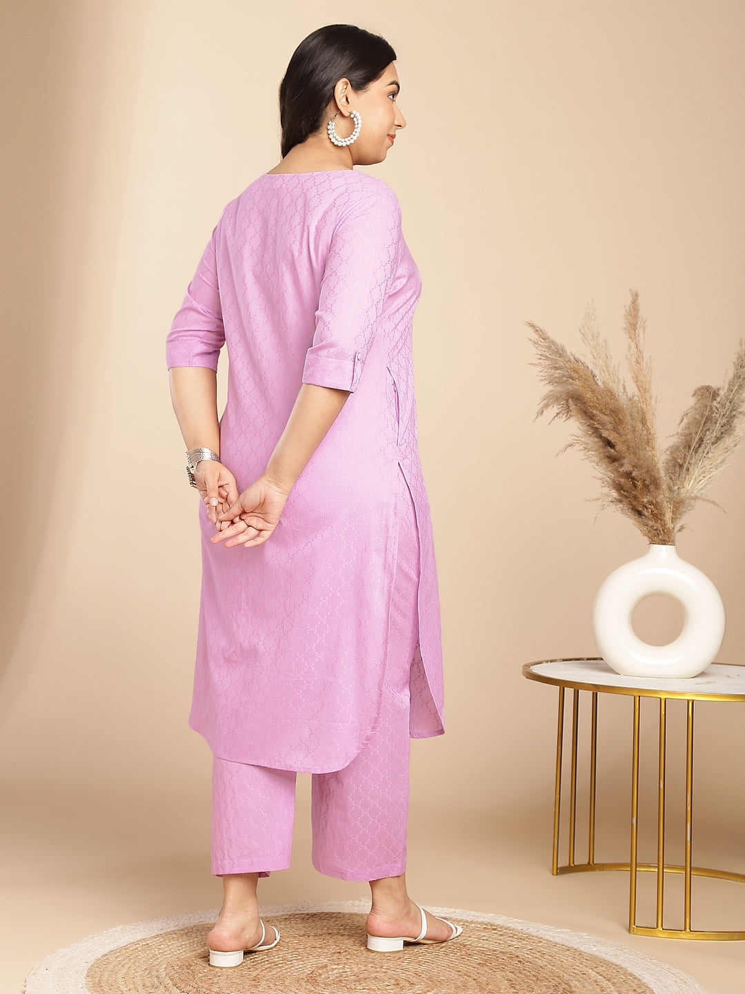 Janasya Straight Jacquard Lavender Self Design Round Neck Co-Ords - Swadesiicart