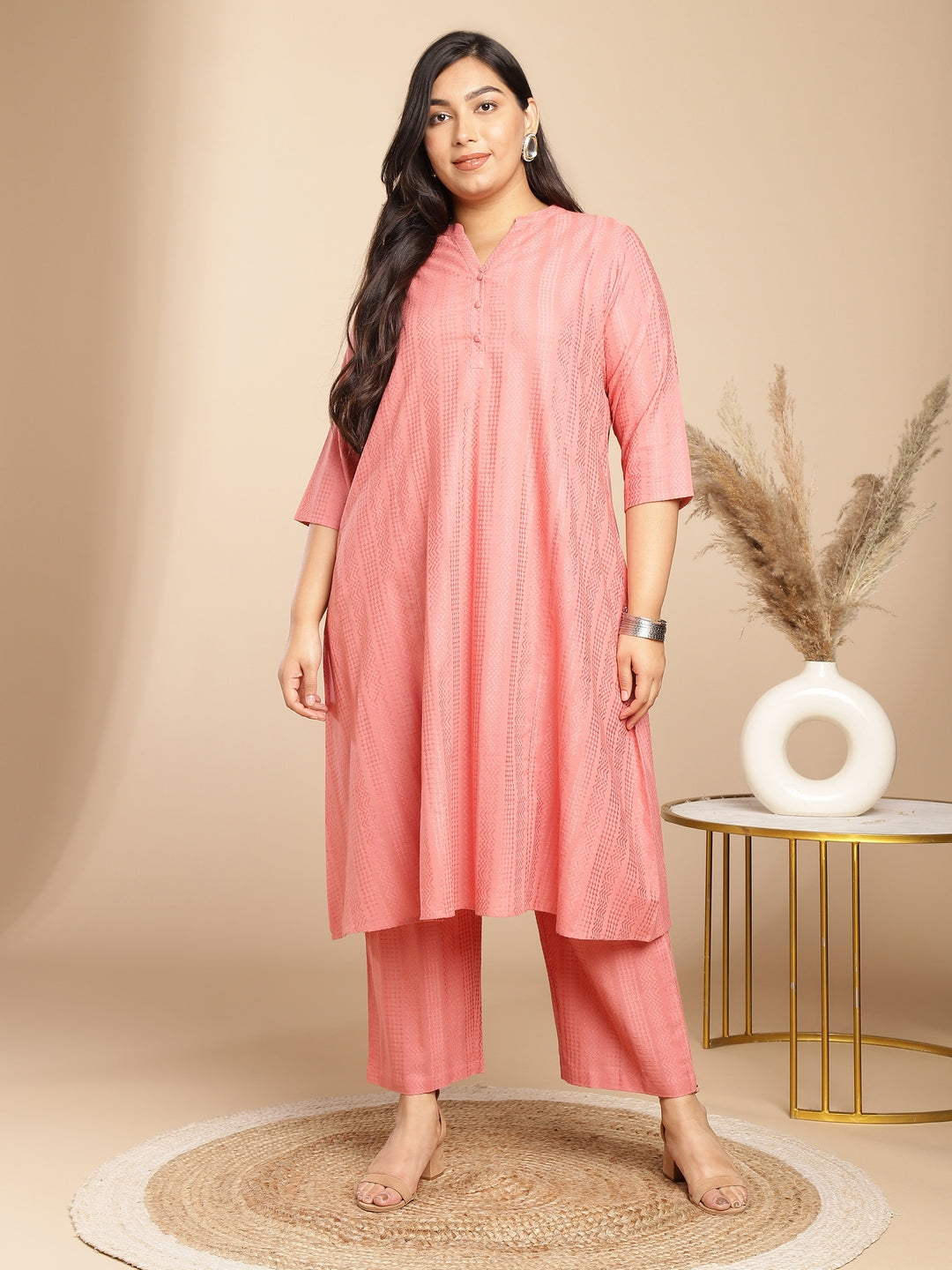Janasya Straight Jacquard Pink Self Design Band Collar Co-Ords - Swadesiicart
