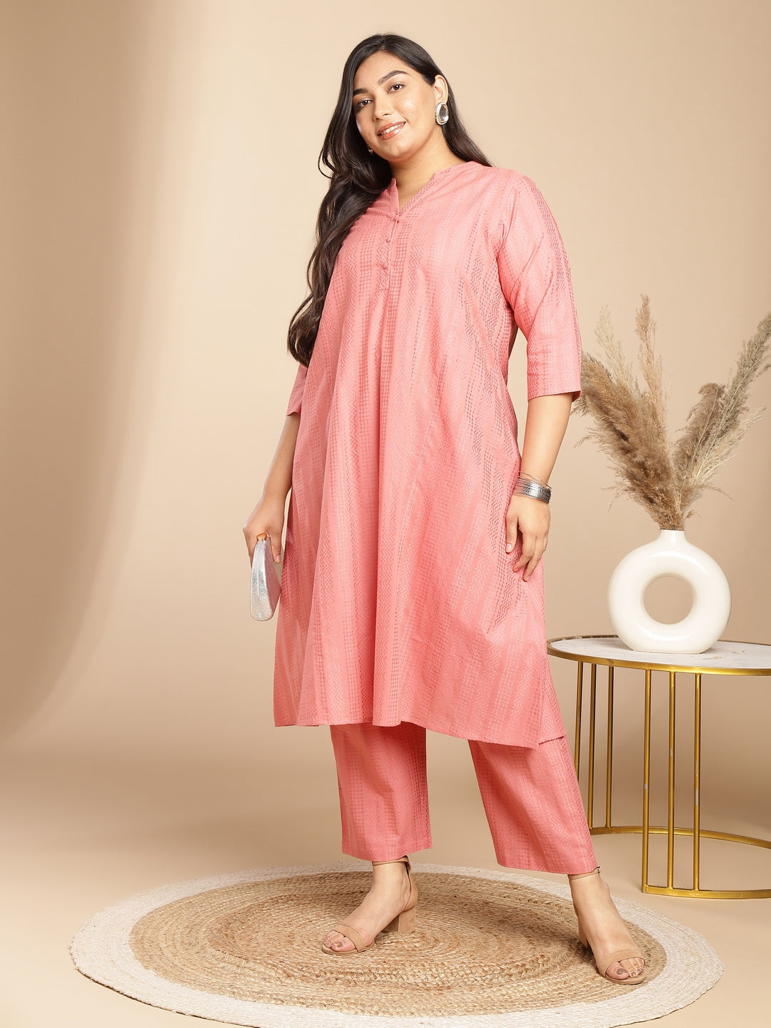 Janasya Straight Jacquard Pink Self Design Band Collar Co-Ords - Swadesiicart
