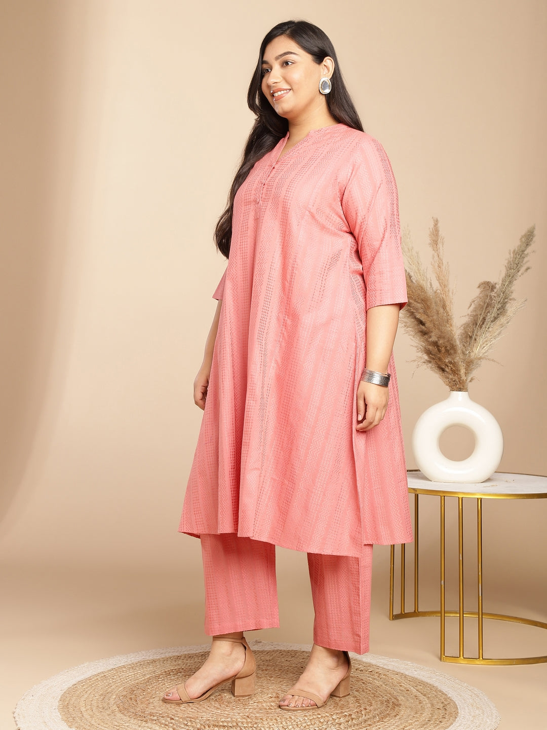Janasya Straight Jacquard Pink Self Design Band Collar Co-Ords - Swadesiicart