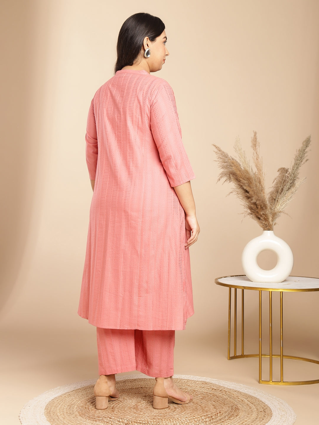 Janasya Straight Jacquard Pink Self Design Band Collar Co-Ords - Swadesiicart