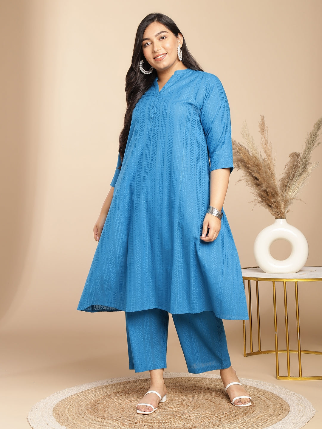 Janasya A-Line Jacquard Teal Self Design Band Collar Co-Ords - Swadesiicart
