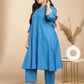 Janasya A-Line Jacquard Teal Self Design Band Collar Co-Ords - Swadesiicart
