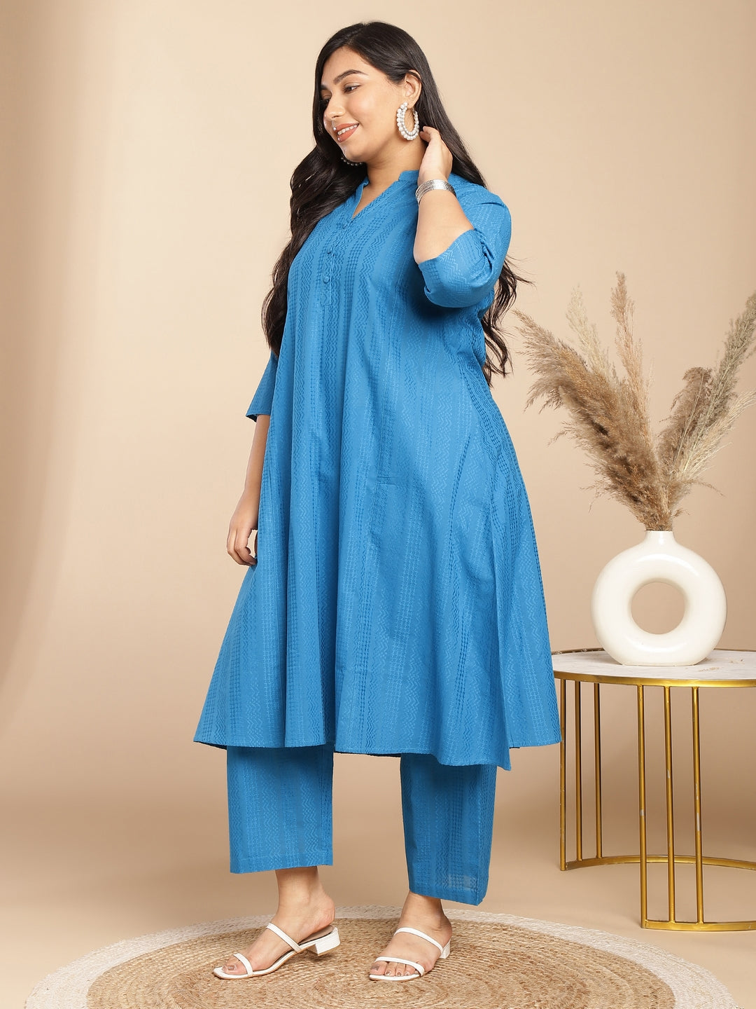 Janasya A-Line Jacquard Teal Self Design Band Collar Co-Ords - Swadesiicart