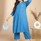 Janasya A-Line Jacquard Teal Self Design Band Collar Co-Ords - Swadesiicart