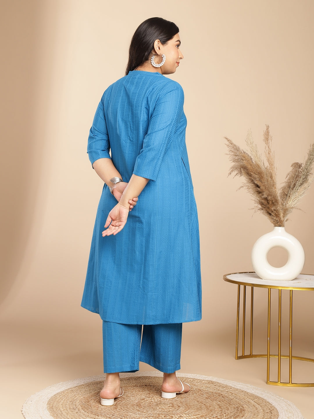 Janasya A-Line Jacquard Teal Self Design Band Collar Co-Ords - Swadesiicart