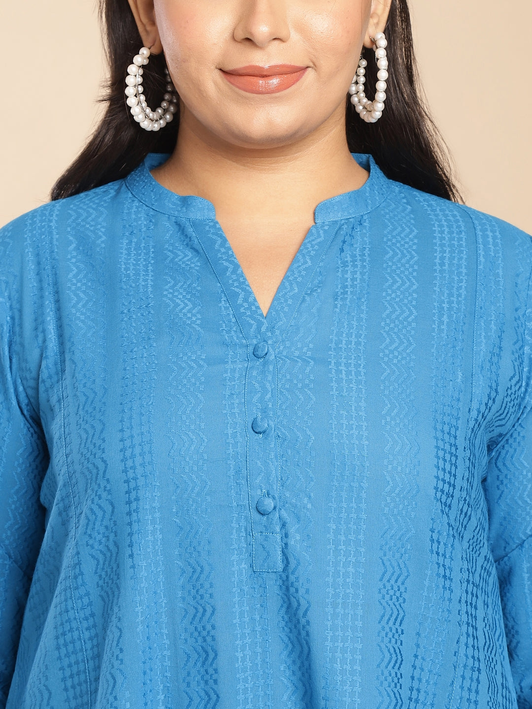 Janasya A-Line Jacquard Teal Self Design Band Collar Co-Ords - Swadesiicart