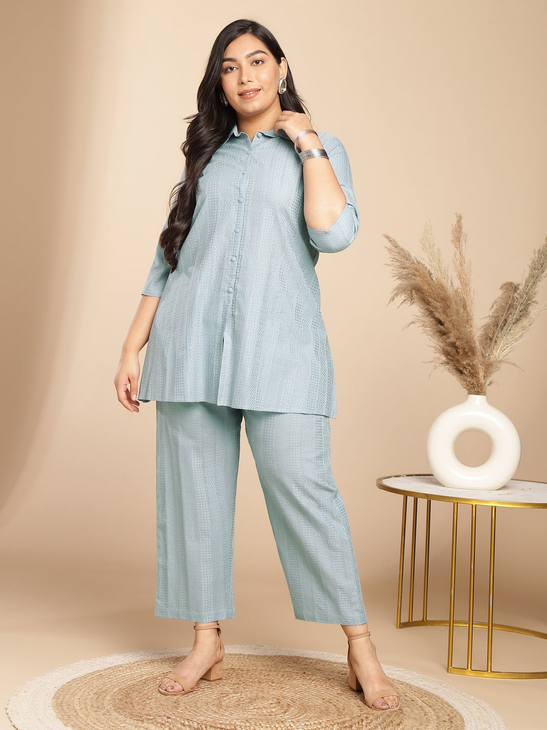 Janasya A-Line Jacquard Light Blue N/A Collar Co-Ords - Swadesiicart