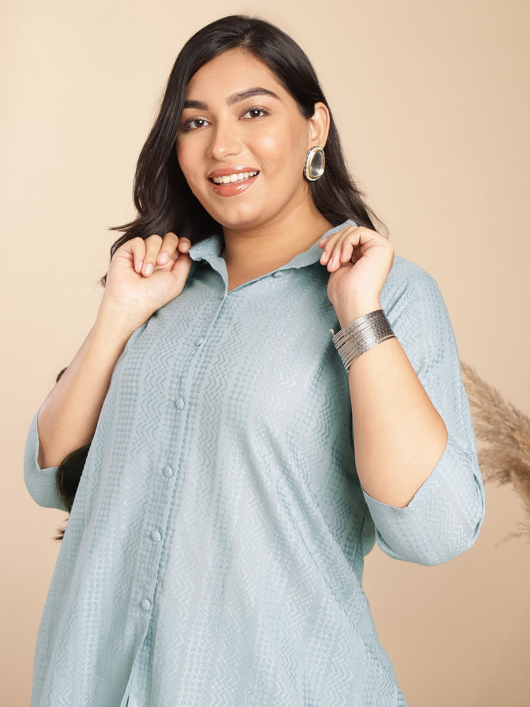 Janasya A-Line Jacquard Light Blue N/A Collar Co-Ords - Swadesiicart