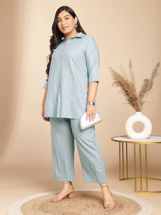 Janasya A-Line Jacquard Light Blue N/A Collar Co-Ords - Swadesiicart
