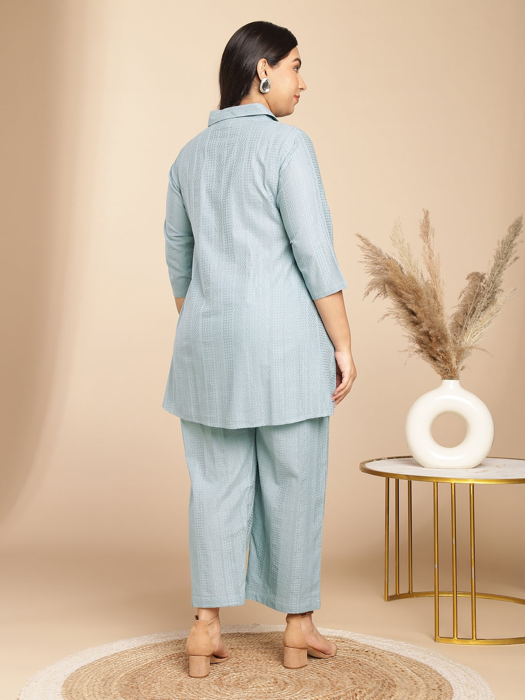 Janasya A-Line Jacquard Light Blue N/A Collar Co-Ords - Swadesiicart