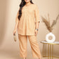 Janasya Pleated Jacquard Peach Self Design V-Neck Co-Ords - Swadesiicart