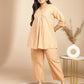 Janasya Pleated Jacquard Peach Self Design V-Neck Co-Ords - Swadesiicart